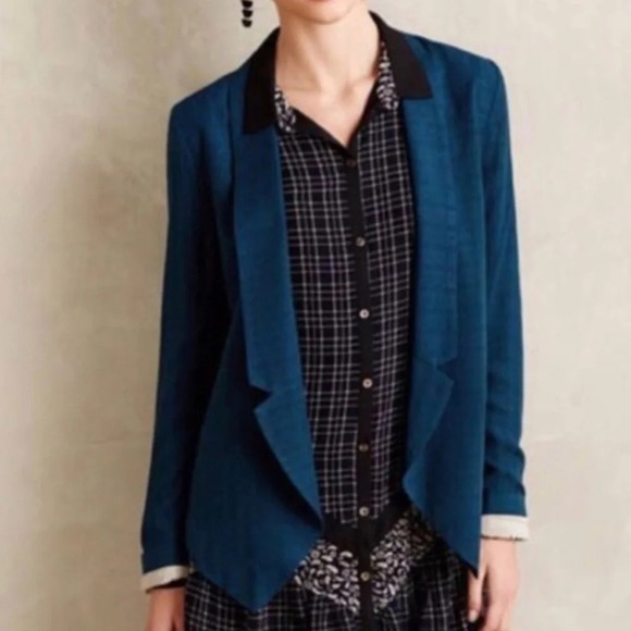. Anthropologie Cartonniere Deep Teal Textured Open Front Blazer M - Picture 1 of 7